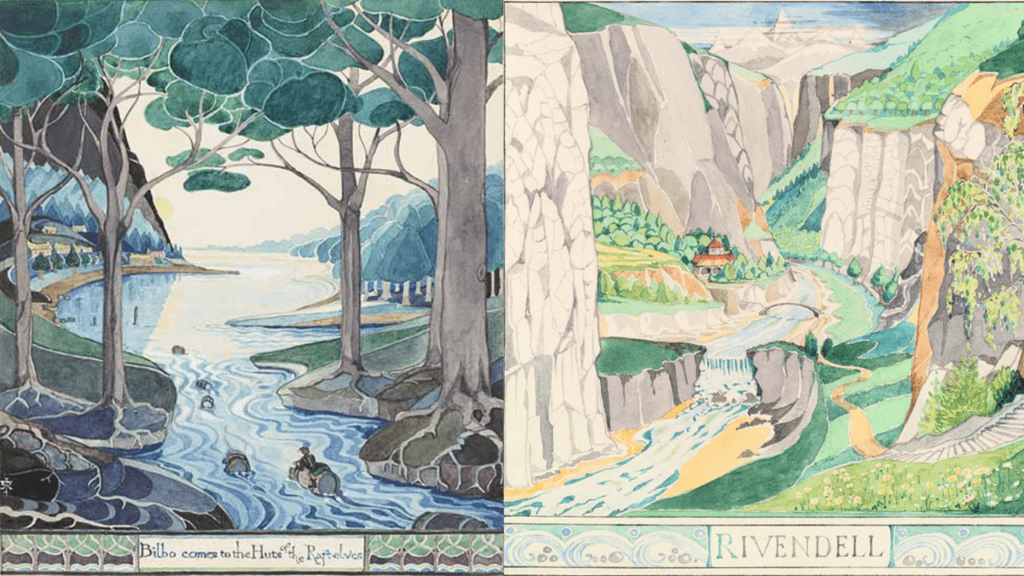 photomontage de deux aquarelles de Tolkien l'une de Riverdale et l'autre du Hobbit