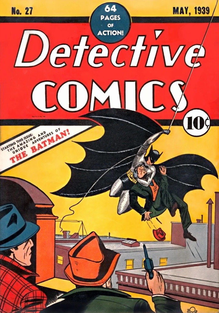 Couverture du Detective Comics de 1939 à 10c, montrant Batman enlevant un homme costumé en vert, dans les airs, tandis que ses associés les regardent.