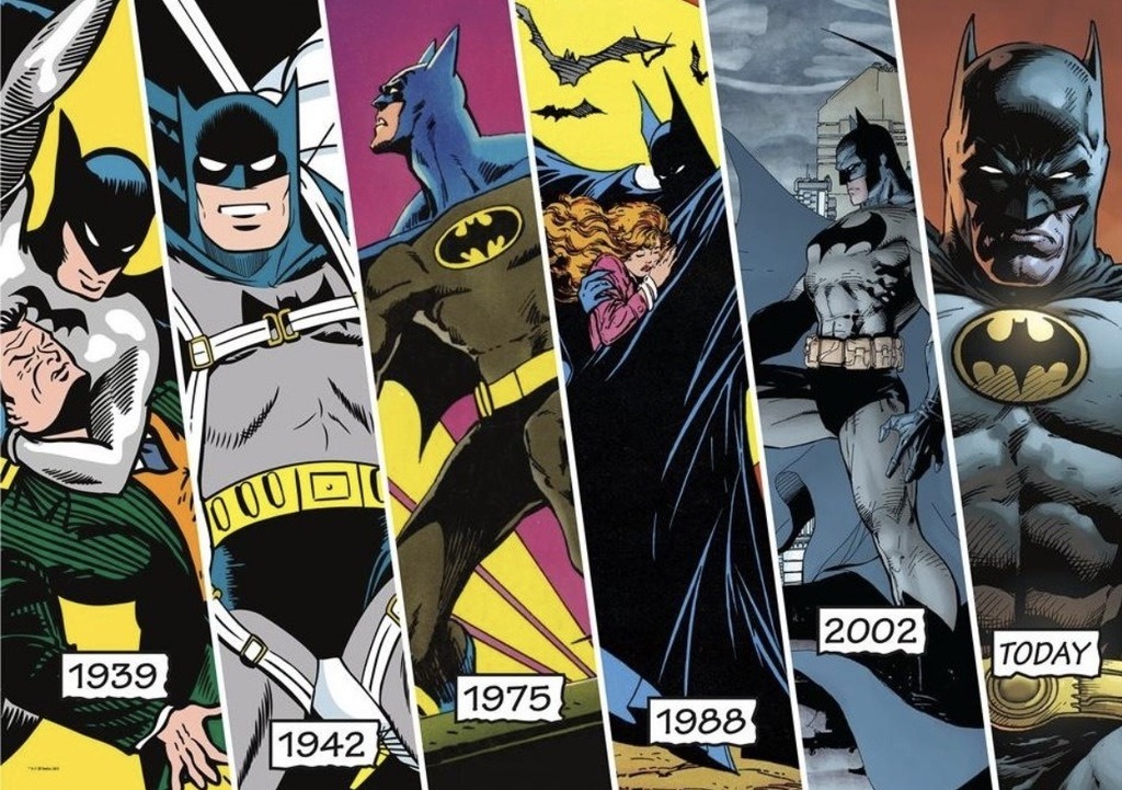 Photomontage montrant plusieurs Batman ; 1939, 1974, 1975, 1988, et aujourd'hui.