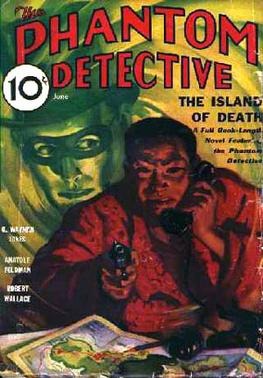 Couverture du pulp Phantom detective (10 c), montrait un homme téléphonant en tenant un révolver, avec le dessin d'un autre homme masqué en arrière-plan.