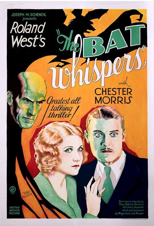 Affiche d The Bat Whisper présentant les deux personnages principaux, un homme et une femme, ainsi que la tête d'un homme en vert, sur fond orange et noir.