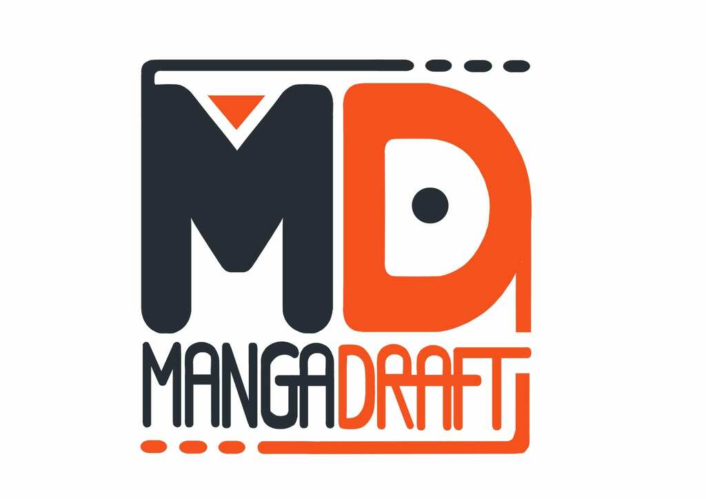 Le Logo de Mangadraft et MD, m en gris et D en orange. Des lignes horizontales qui se terminent en pointillés partent des lettres MD.