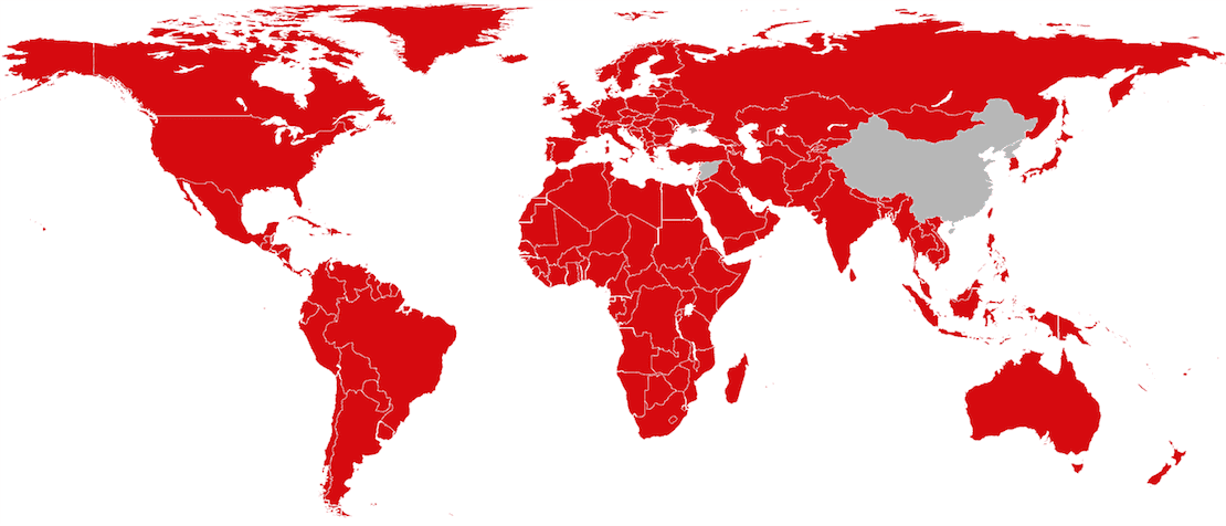 Carte du monde resprésentant en rouge tous les pays dans lesquels Netflix est disponible