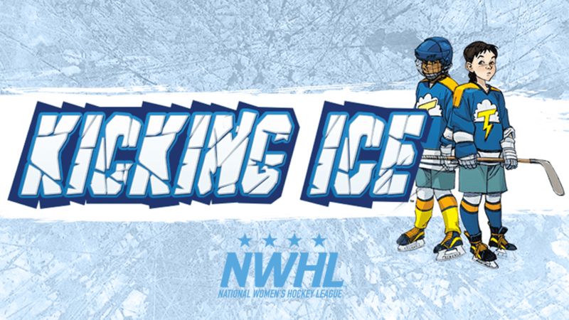 Affiche officielle de Kicking Ice, montrant les deux protagonistes dans leur tenues de hockey sur un fond bleu