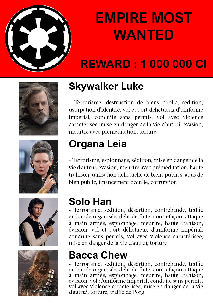 Photomontage de Duck montrant une affiche type interpole de recherche avec récompense de 100 000 CI de Luke, Leia, Han et Chewbacca 