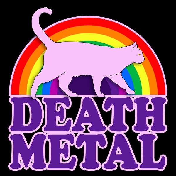 Illustration d'un petit chat rose derrière un arc-en-ciel marchant sur les mots "Death Metal"