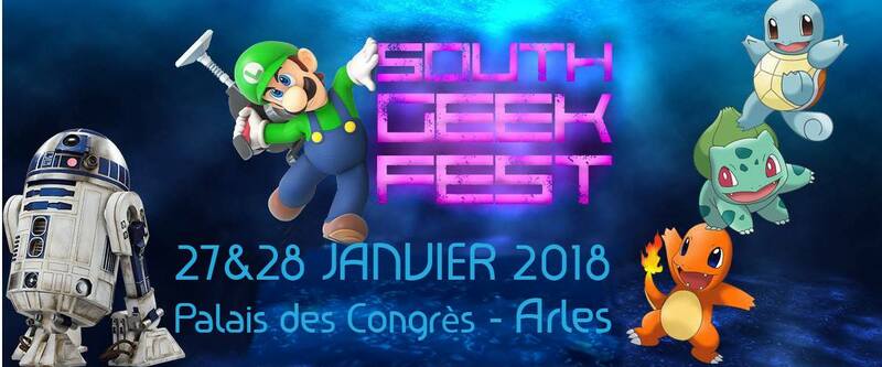 Affiche officielle du South Geek Festival présentant R2D2, Luigi, et trois pokemons, avec la date et le lieu de la convention