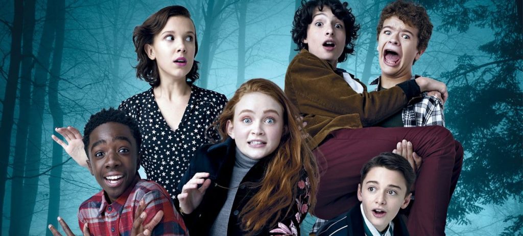 L'image présente les principaux protagonistes : Lucas, Nancy, Mike, Dustin et Will
