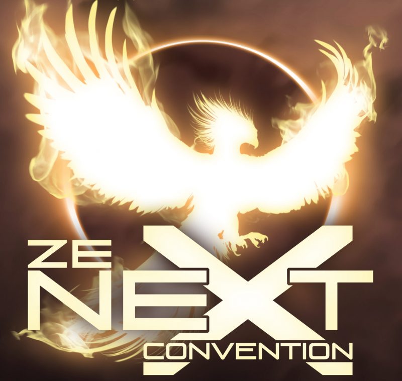 Image présentant un phoenix de lumière sur un fond marron, qui semble se poser sur le X de The Next convention