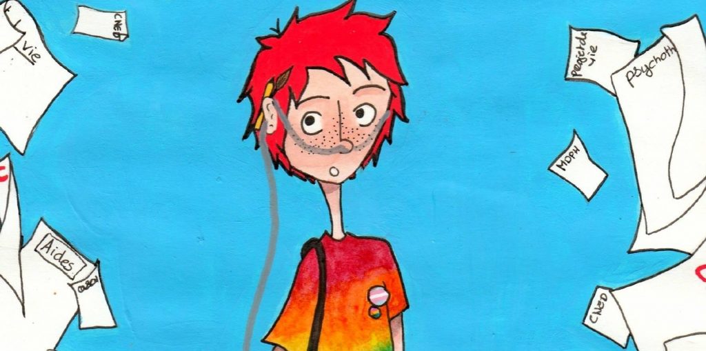 Panda, jeune aux cheveux teints en rouge, tee-shirt arc-en-ciel, portant un sac avec une bouteille d'oxygène. En arrière-plan, un fond bleu et des papiers administratifs volants, incarnant l'enfer sur terre qu'est la MDPH et les autres joyeusetés.