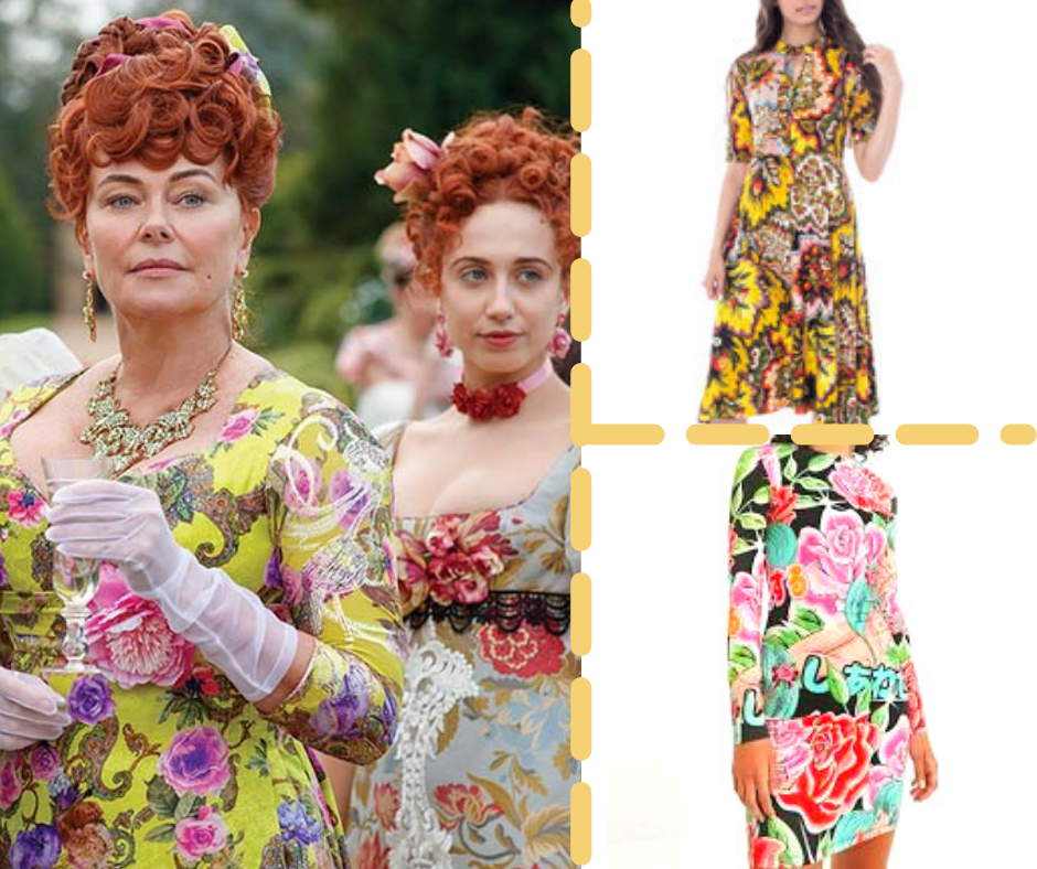 Comparaison entre les costumes des actrices qui incarnent Portia et Prudence Featherington, et des robes desigual.