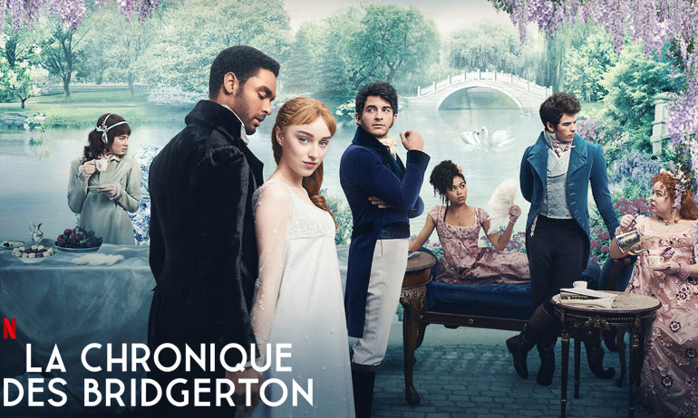 la chronique des Bridgerton, affiche Netflix officielle mettant en scène les Bridgerton, Simon Basset, Penelope Featherington et Marina Thompson