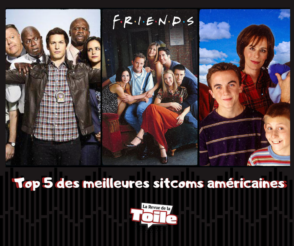 photomontage de trois séries qui se trouvent dans ce top : Brooklyn Nine-Nine, Friends et Malcolm, représentant les acteurs sur des affiches officielles