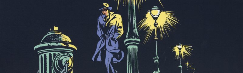 Spirit le détective dessiné par Will Eisner, sous un lampadaire à New York