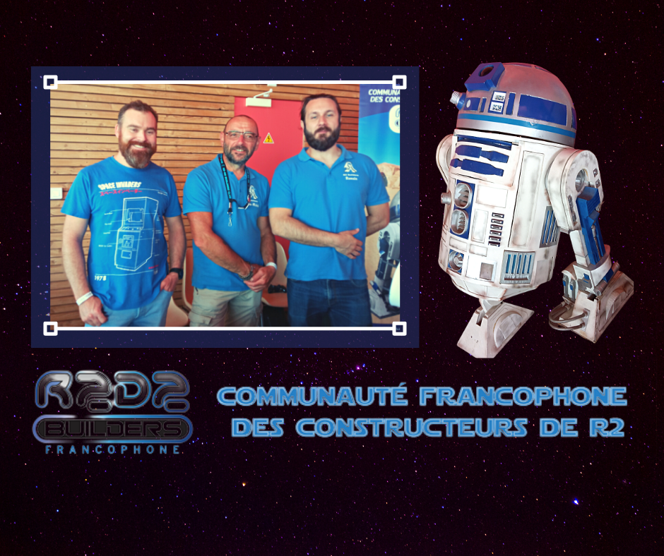 Photomontage de la team R2D2 builders avec un R2D2 réalisés par leur soin.  Crédits Photos : Tsilla Aumigny, 2022