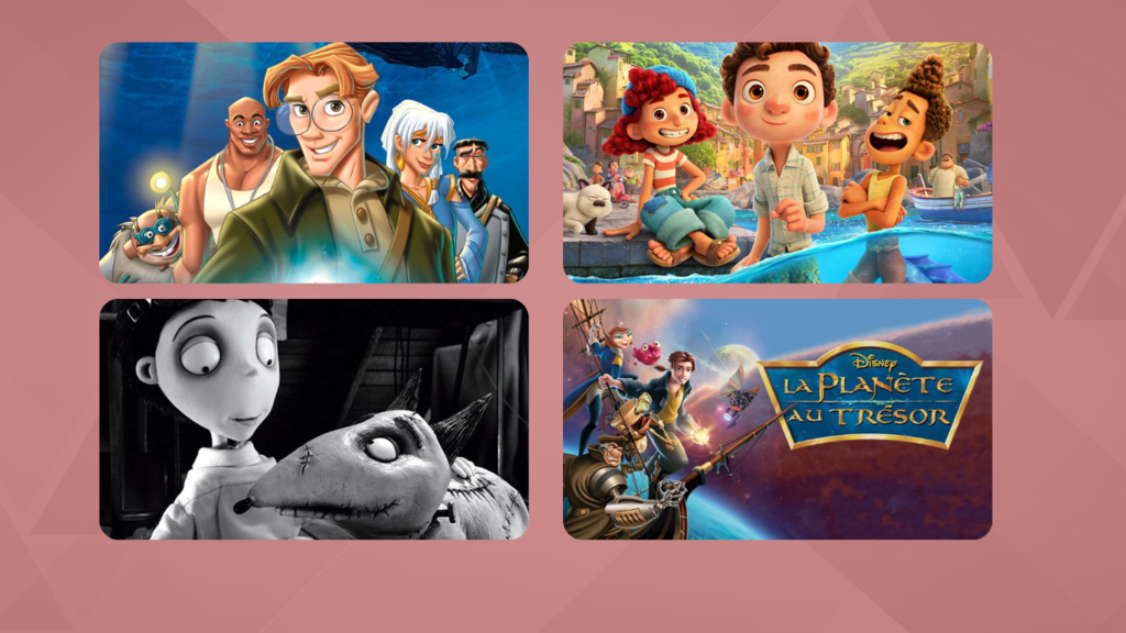 photomontage de 4 disney méconnus : Atlantide, Luca, Frankenweenie et La Planète aux trésors