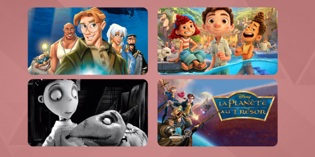 photomontage de 4 disney méconnus : Atlantide, Luca, Frankenweenie et La Planète aux trésors