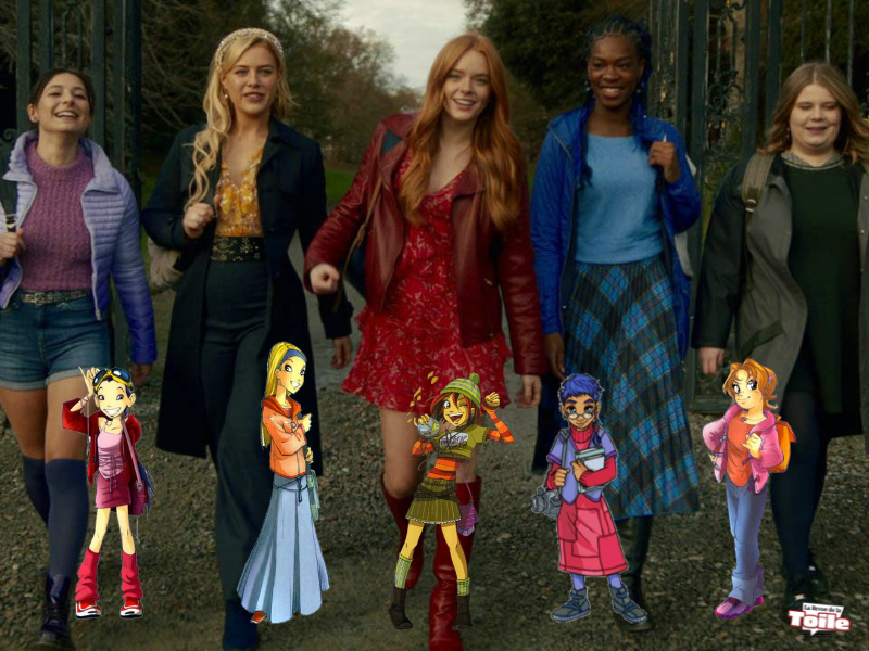 Photo montage superposant les 5 héroïnes de la série Netflix : Musa, Stella, Bloom, Aïsha et Terra aux 5 W.I.T.C.H : Hay Lin, Cornelia, Will, Taranee et Terra.