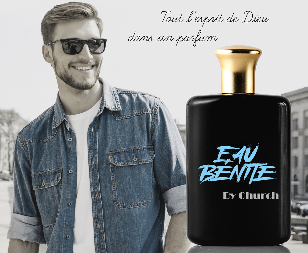 Fausse pub pour le parfum Eau bénite, avec Jesus et le slogan "Tout l'esprit de Dieu pour un parfum"