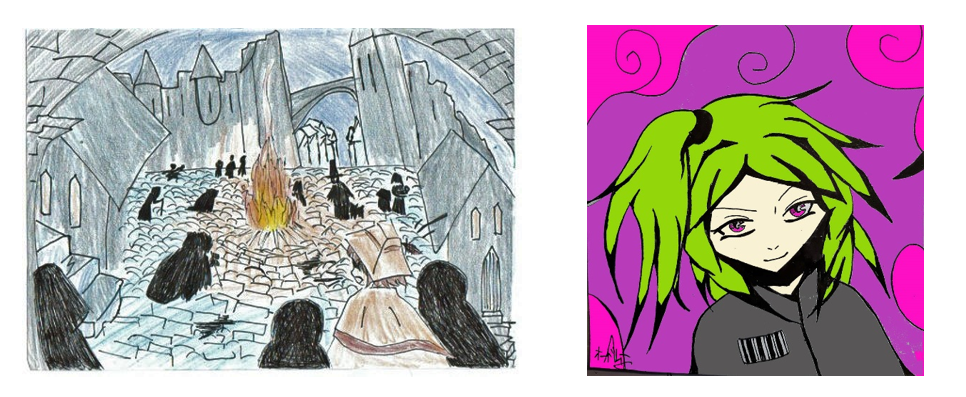 Deux dessins : Gringoire qui arrive dans une cour médiévale où des ombres se pressent autour d'un grand feu. Sur le deuxième, une petite fille manga aux couleurs vives : cheveux verts et yeux roses.