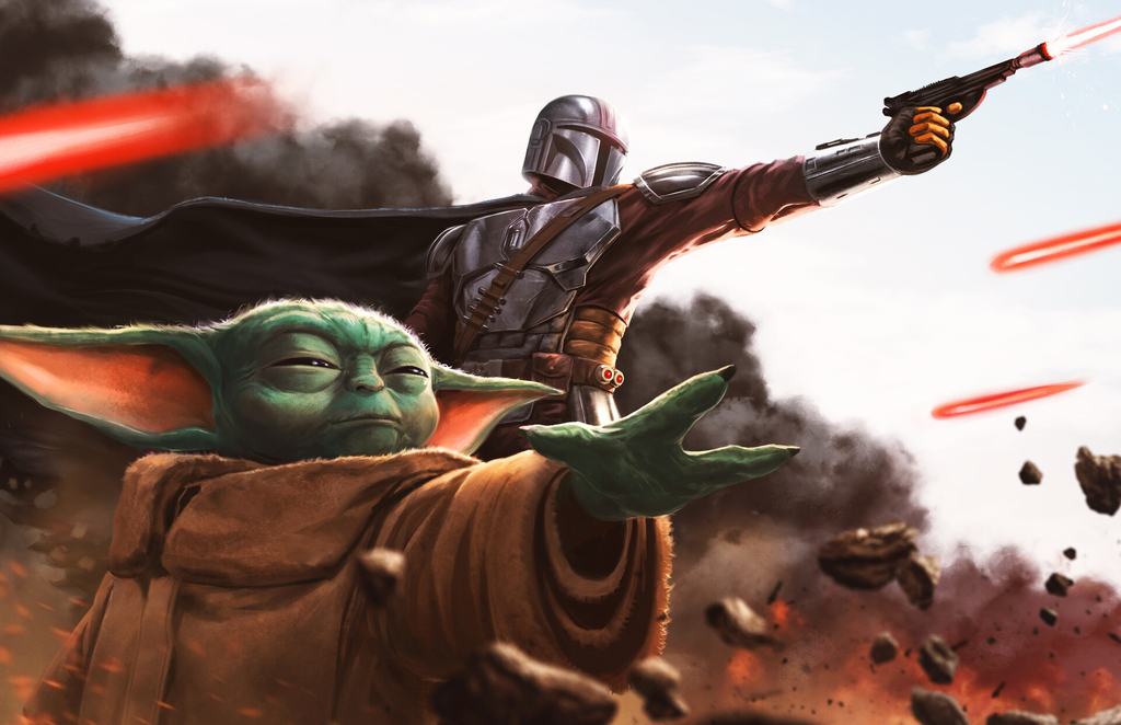 Peinture montrant Grogu "Bébé Yoda", et Din Djarin le Mandalorien. Ils se battent face à un ennemi commun.