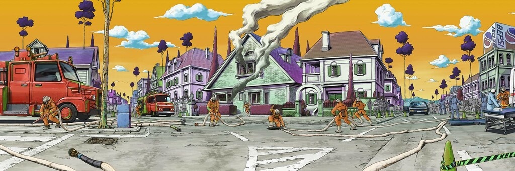 Morioh avec des pompiers qui s'affairent autour d'une maison en feu. Cette fois-ci, le ciel est jaune et les arbres sont violets. Sur un immeuble, il y a une pub pour Pepsi.