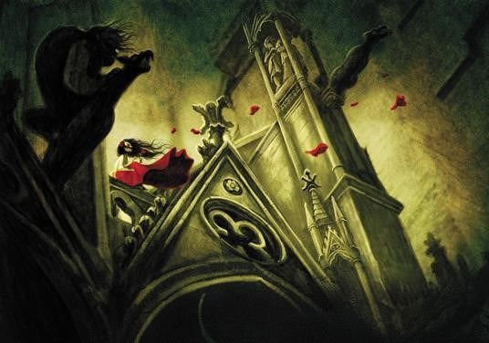 Illustration de Notre-Dame de Paris. Esméralda rêve, perchée sur le toit de la cathédrale. Elle tient une rose rouge dont les pétales sont emportés par le vent un à un. Cela ressemble un peu à un tourbillon de sang. Dans l'ombre, Quasimodo l'observe, perché sur une gargouille.