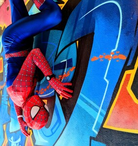 Spiderman de l'association cosplayarts66, on a retourné la photo pour faire comme s'il escaladait le mur sur lequel il prend la pause. 