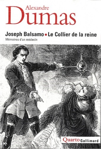 Couverture de Joseph Balsamo : Un homme menace une femme, qui semble s'évanouir. A l'arrière-plan on distingue un laboratoire d'alchimie.