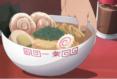Un bol de ramen : il s'agit d'un bouillon aux nouilles, avec un œuf, deux tranches de porc, des algues (nori) et parfois un naruto. 