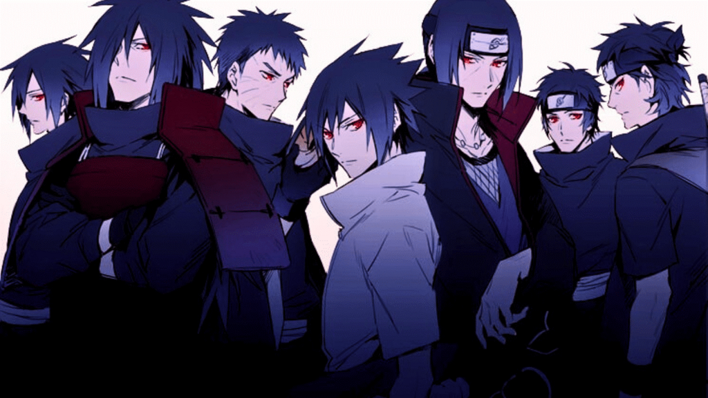 Les membres du clan Uchiha : Madara, Obito, Sasuke, Itachi, Shisui... Ils sont reconnaissables à leurs yeux rouges, les sharingan, dont leur viennent leurs pouvoirs.