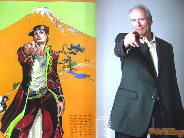 L'acteur Clint Eastwood qui imite la pose de Jôtarô. Il pointe du doigt le spectateur avec un regard de défi.