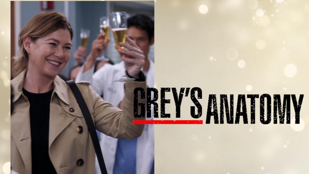 Meredith Grey porte une coupe de champagne à la main, elle est habillée avec un haut noir et un trench. Derrière elle, des médecins en blouse portent également un toast