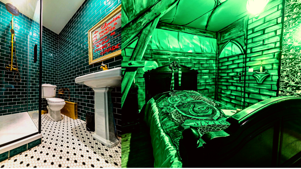 Photomontage d'une salle d'eau faisant référence à la chambre des secrets accolée à une chambre aux couleurs de serpentard avec une lumière verte 