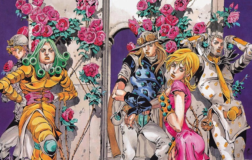 Image de l'artbook JoJoveller, qui représente plusieurs personnages de Steel Ball Run devant un mur orné de roses, avec Lucy Steel au premier plan.