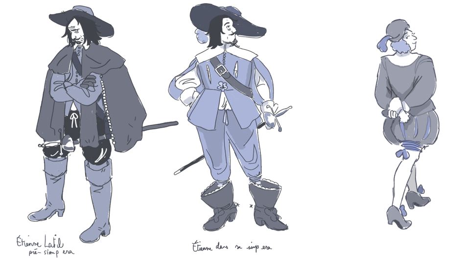 Trois dessins en noir et blanc : deux de Latil avec une cape, puis en costume. Et un de Mme de Chevreuse, de trois quart dos, qui lance au spectateur un regard espiègle.
