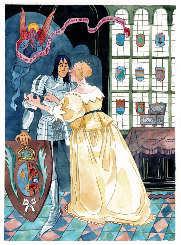 Sur ce dessin, Constance, plus grande en taille que la reine, porte une armure et est accompagnée d'anges, comme sur les illustrations traditionnelles de Jeanne d'Arc. La reine semble suppliante, elle la regarde d'un air qui signifie "Vous êtes mon seul espoir !"
