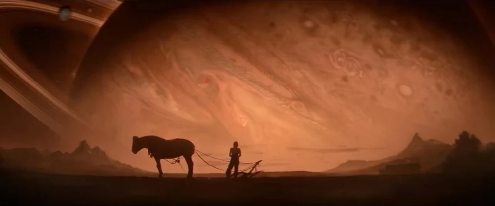 Femme, cheval et charrue devant une planète énorme ressemblant à Jupiter et Saturne.