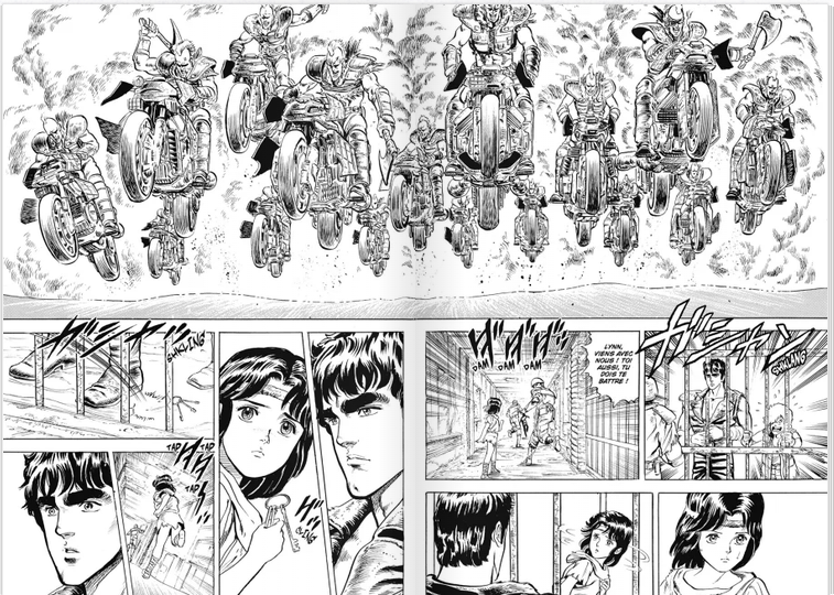Image de Hokuto no Ken : l'irruption des motards, dans une grande case qui occupe tout le haut d'une double-page.