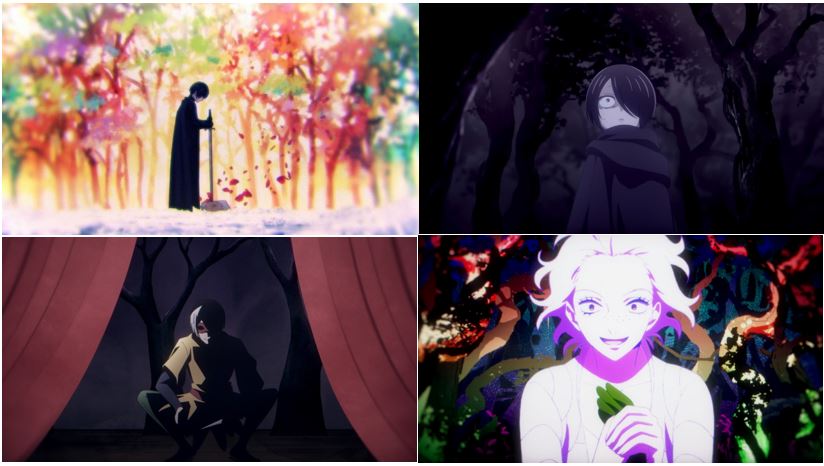Quatre images de l'anime. Deux sont très sombres et mettent en scène une forêt inquiétante. Les deux autres représentent les hallucinations de Richard et ont au contraire des couleurs psychédéliques.