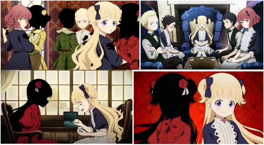Quatre images de l'anime. L'héroine, Emiliko est une petite fille blonde avec de grands yeux bleus et des couettes. Sa tenue de maid rappelle un peu Alice au Pays des Merveilles. Sa maîtresse Kate a une silhouette similaire, mais l'on ne voit d'elle que sa silhouette noire, car c'est une ombre. Seuls ses vêtements sont visibles : on voit qu'elle porte une robe de forme similaire à la robe bleue d'Emiliko, mais qui est au contraire entièrement rouge.