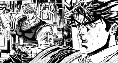 Image du manga. Dio qui tient à la main un plateau sur lequel se trouve un verre empoisonné. Il fixe Jonathan, qui semble terrifié et n'ose pas le regarder.