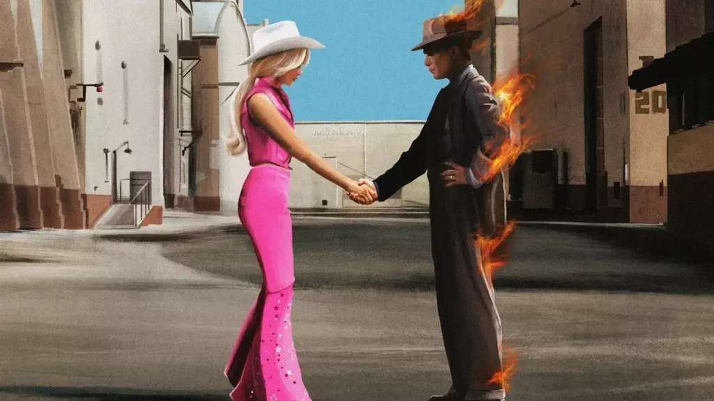 Barbie et Oppenheimer se sert la main. Barbie est en rose. Oppenheimer en gris et en flammes. L'image fait référence à la pochette de la chanson Shine on You Crazy Diamond de Pink Floyd. (entrepots en arrière-plan).