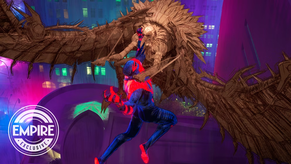 Spider-Man 2099 empoigne le Vautour, un homme ailé qui ressemble à un dessin de la Renaissance. Le décor urbain est rose et vert fluo autour.