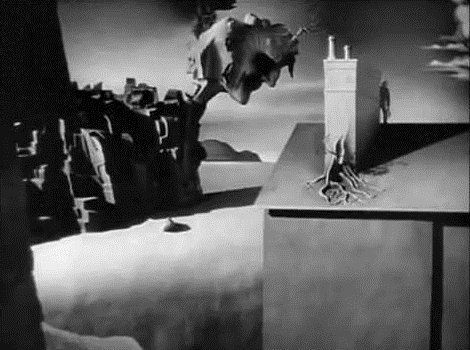 La scène du rêve, réalisée par le peintre espagnol Dali. Les décors ressemblent à ses tableaux : un désert avec des rochers de formes bizarres, et un homme qui se cache derrière une cheminée.