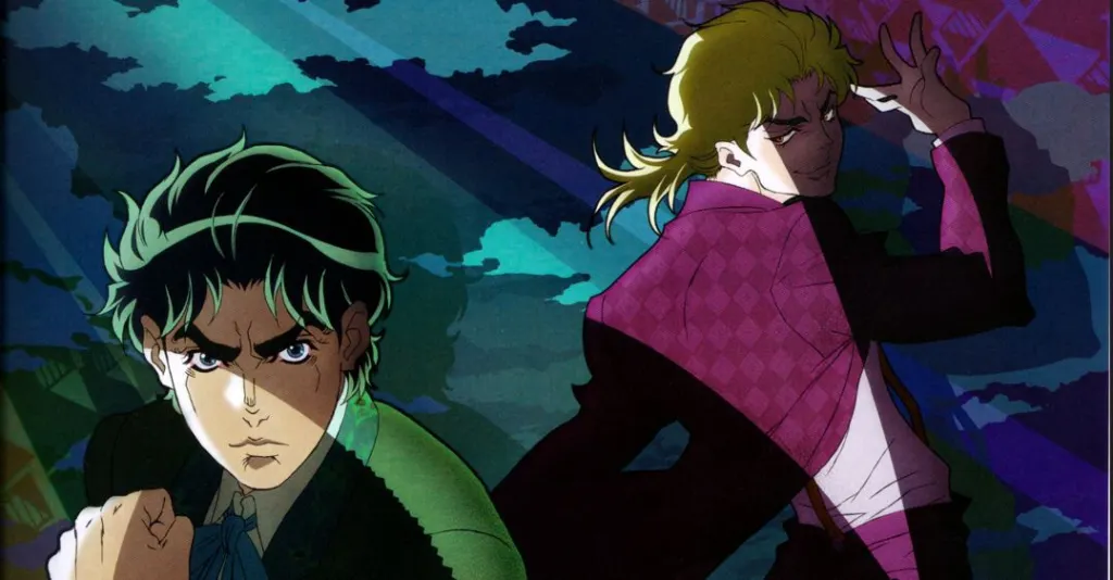 Image de l'anime, qui oppose les deux personnages principaux. Jonathan est brun et habillé en vert (une couleur un peu terne) ; Dio est blond et habillé en violet (une couleur vive). L'image est très colorée, avec également beaucoup de contrastes d'ombres et de lumière.