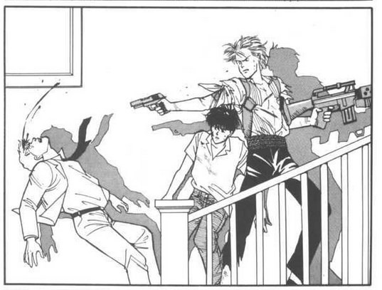 Image du manga : Ash qui tue quelqu'un d'un coup de revolver.