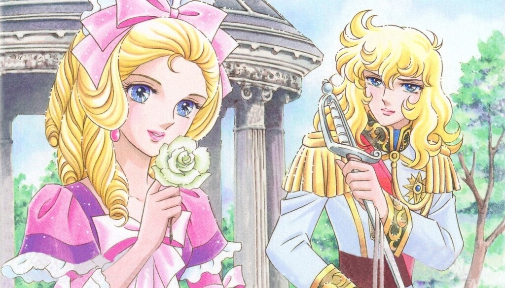 Marie-Antoinette qui contemple une rose, et Oscar qui tient une épée. Dans ce manga, les femmes ont presque toutes de longs cheveux dorés, ce qui m'a souvent fait pensé que les Japonais doivent s'imaginer qu'en France, tout le monde est blond !