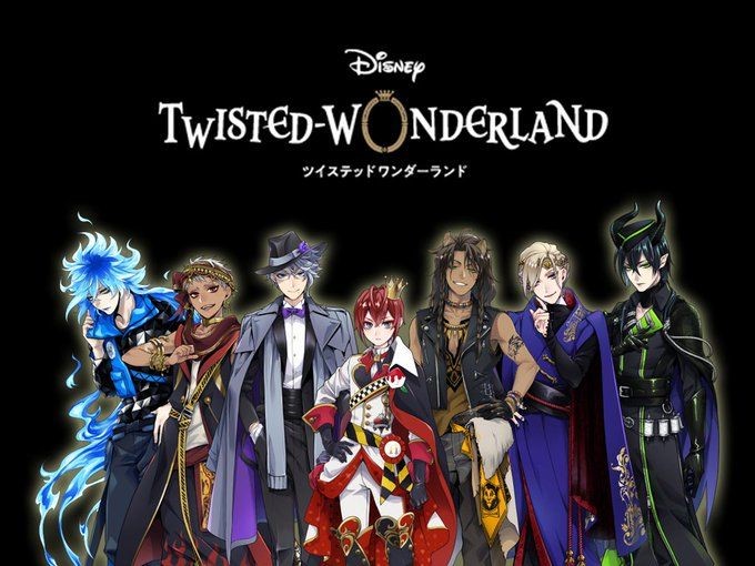 Image du jeu vidéo Twisted Wonderland. Sept personnages super mignons, avec des tenues inspirés respectivement d'Hadès, Jafar, Ursula, la Reine de Coeur, Scar, la méchante Reine dans Blanche-Neige, et Maléfique.