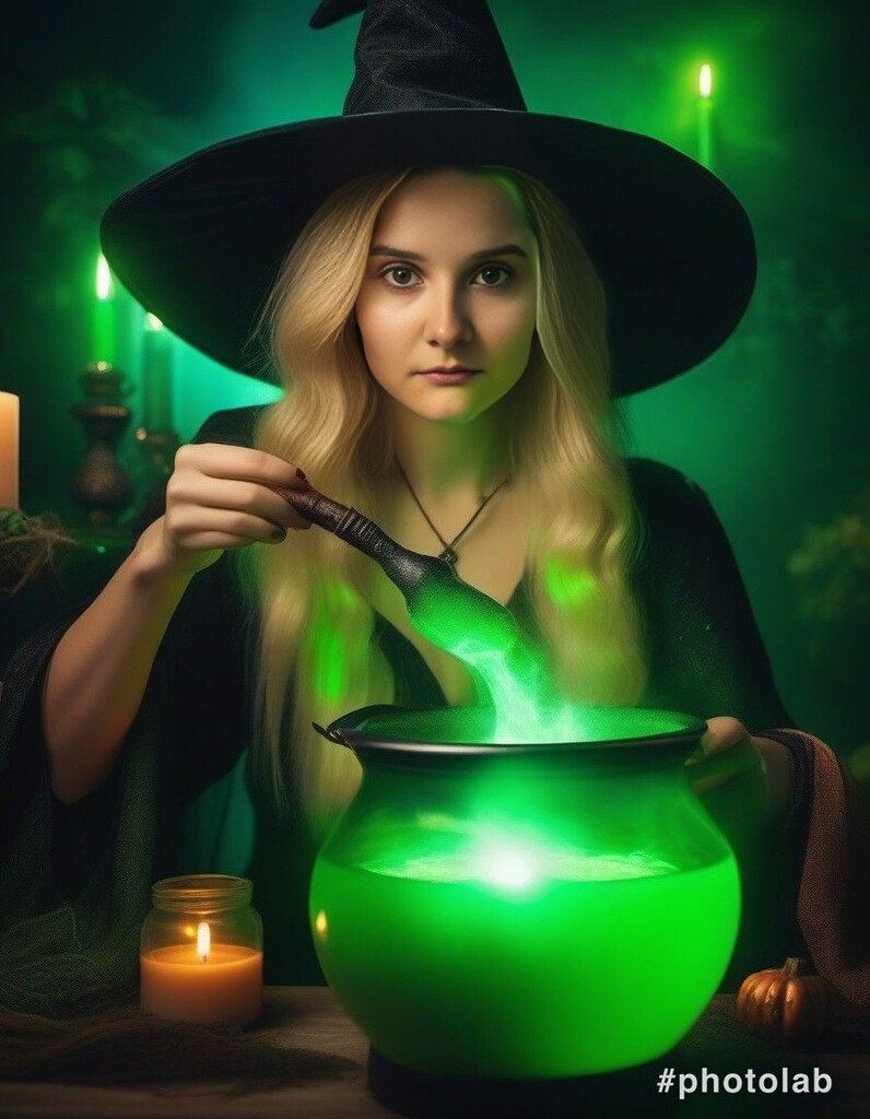 Enjoyreading déguisée en sorcière avec un chaudron vert